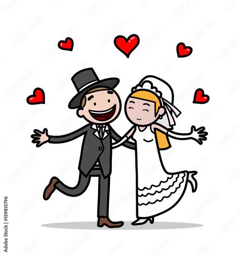 Newlywed Wedding Couple, a hand drawn vector cartoon illustration of a ...