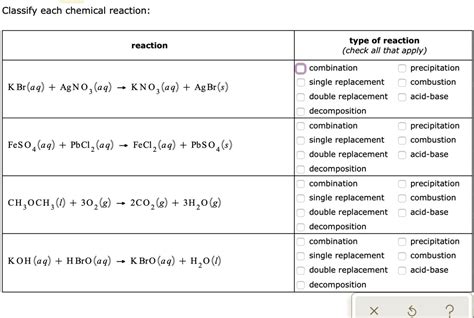 SOLVED: Classify each chemical reaction: type of reaction (check all ...