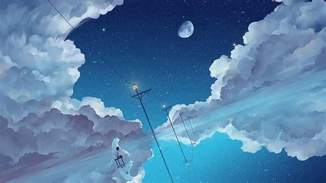 HD wallpaper: clouds and moon illustration, anime, anime girls, bears ...