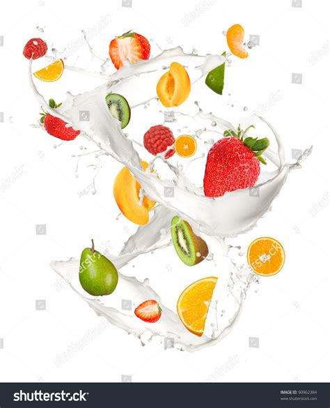 Fruit Mix In Milk Splash, Isolated On White Background Stock Photo ...