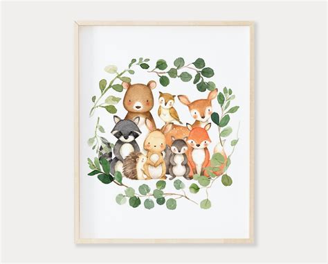 Watercolor Woodland Animals in Greenery Wreath Printable Wall Art ...