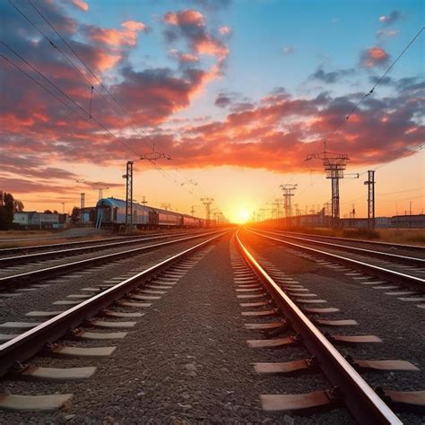 Premium Photo | A train traveling down train tracks at sunset