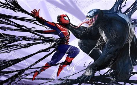 Download wallpapers Venom vs Spiderman, battle, fan art, superheroes ...