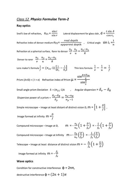 Physics Formula Sheet Class 12 - Class 12 Physics Formulae Term- Ray ...