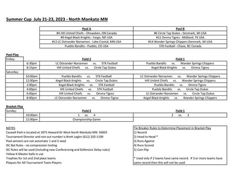 Summer Cup Schedule