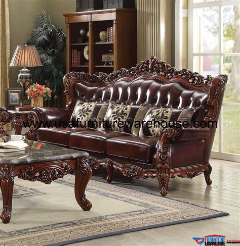 Eustoma Wood Trim Top Grain Leather Sofa - USA Furniture Warehouse