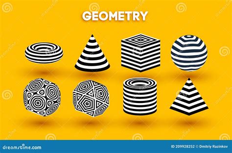 Yellow Background Optical Illusion Shapes Vector Set. Pyramid Striped ...