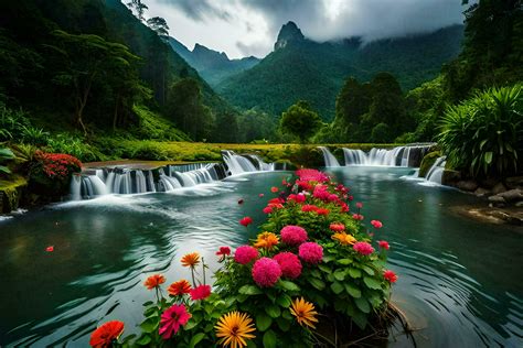 flowers in the water, waterfall, mountains, flowers, water, waterfall ...