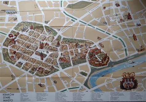 KRAKÓW Stare miasto. Wielobarwny, malowany plan centrum. | Antykwariat ...