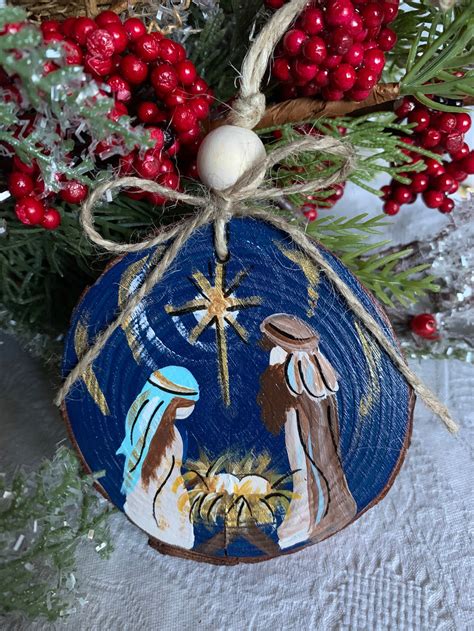 Away in the Manger Nativity Ornament Hand Painted Wood Slice - Etsy