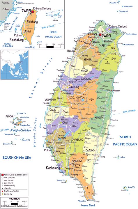 Large political and administrative map of Taiwan with roads, cities and ...