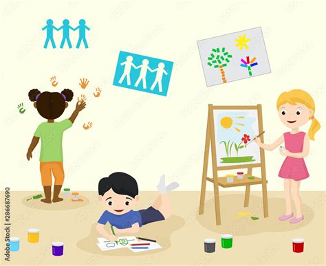 Kids in kindergarden draw and paint in art class vector illustration ...