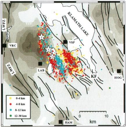 Aftershock locations. Deeper events plotted on top of shallower ones ...