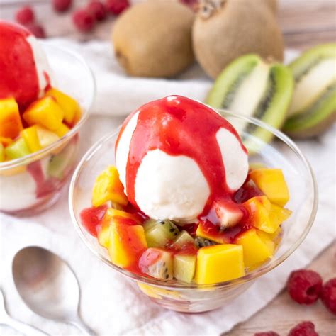 Mealime - Tropical Ice Cream Sundae with Mango, Kiwi & Raspberry-Lime Sauce