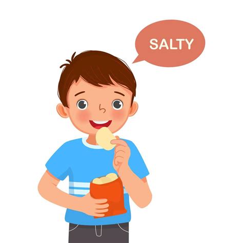 cute little boy holding potato chip showing salty taste of tongue five ...