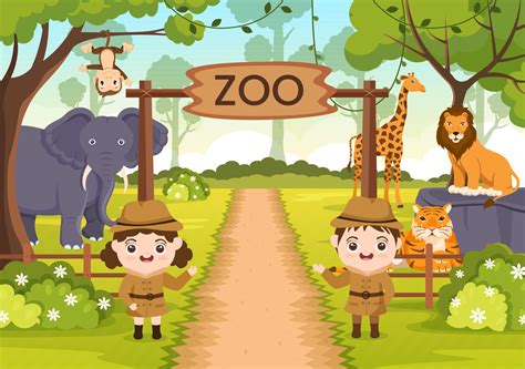 Zoo Cartoon Illustration with Safari Animals Elephant, Giraffe, Lion ...