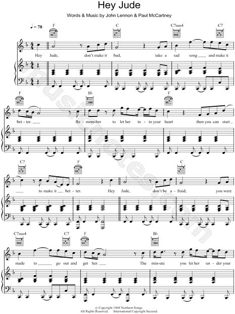 The Beatles "Hey Jude" Sheet Music in F Major (transposable) - Download ...