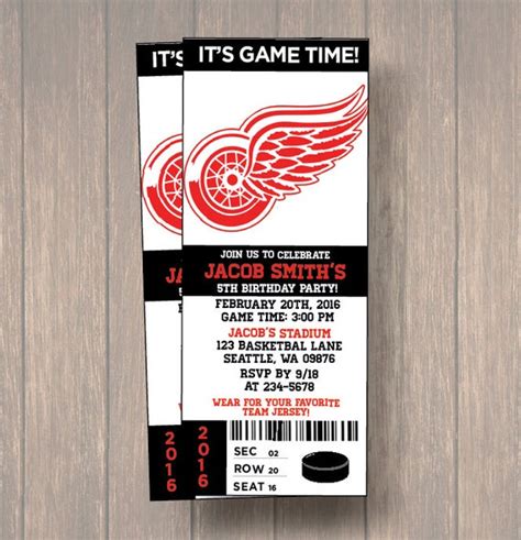 12 Detroit Red Wings Birthday Invitation, Hockey, Ticket Invitation ...