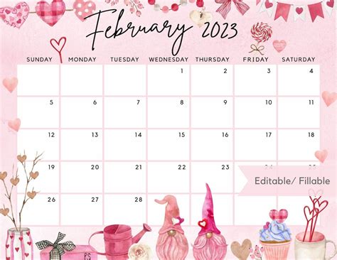 Printable February 2023 Calendar Cute Valentine Loving Gnome - Etsy