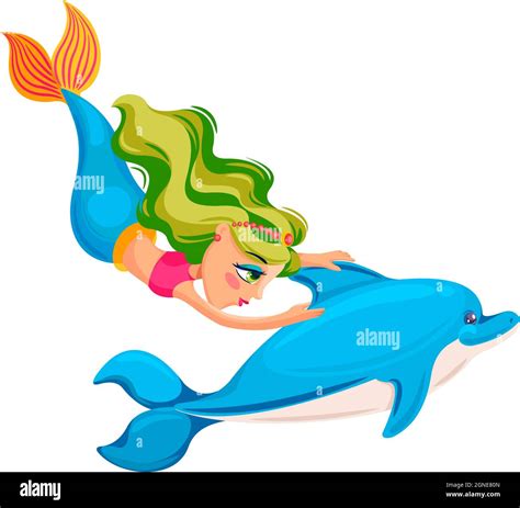 Dolphin and colored mermaid swim together underwater. Vector cartoon ...