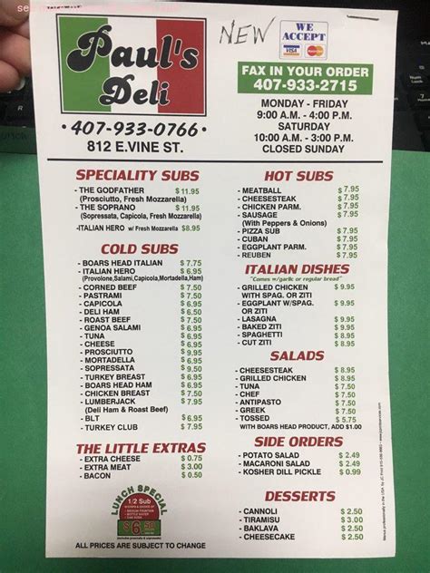 Online Menu of Pauls Italian Deli and Restaurant Restaurant, Kissimmee ...