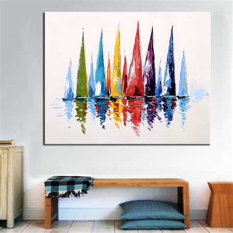 Oil Painting Sailboat Hand Painted Modern Abstract Colorful Wall ...