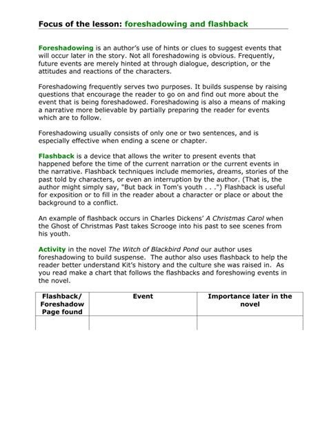 Foreshadow and Flashback Technique Chart