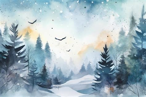 Premium Photo | A watercolor painting of a snowy landscape with trees ...