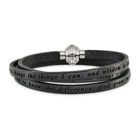 Stainless Steel Men's Serenity Prayer Black Leather Wrap Bracelet BF3225-LG