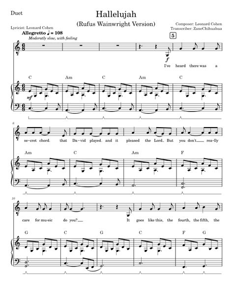 Hallelujah (Rufus Wainwright Version) Sheet music for Piano, Voice ...