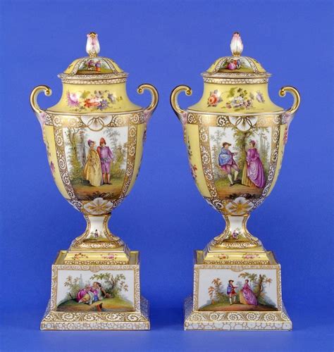 Dresden Porcelain (Germany) — Pair lidded vases with pedestal plinth. H ...