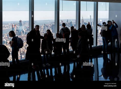 Visitors at One World Trade Center observation deck, New York City, USA ...