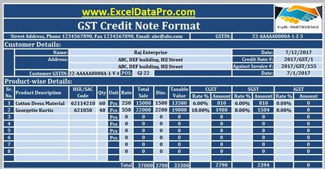 Download GST Credit Note Format In Excel Issued Against Goods Return Or ...