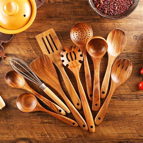 Classic 8 Pieces Wooden Utensil Set Natural Teak Wood Kitchen | Etsy