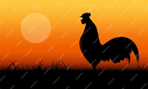 Premium Vector | Crowing rooster silhouette in the grassland with ...