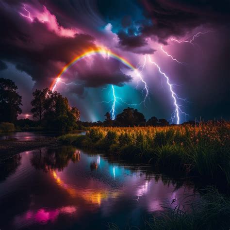 Rainbow lightning over river gold - AI Generated Artwork - NightCafe ...