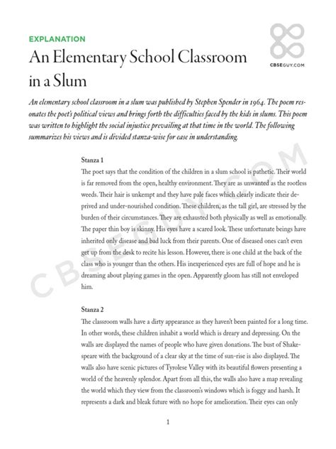 Poem Summary - An Elementary School Classroom in A Slum | PDF | Poetry