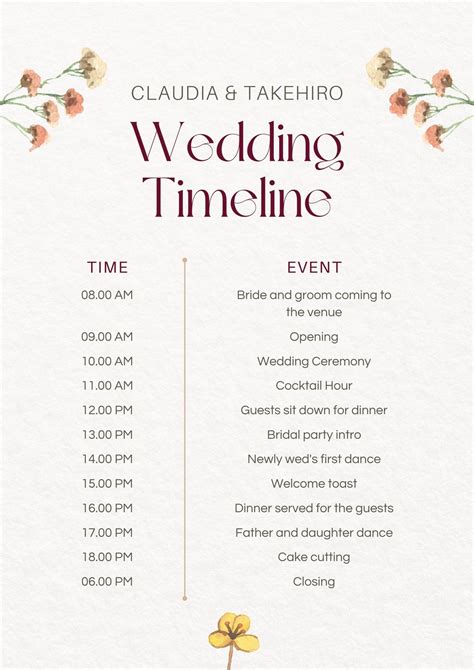 Wedding Itinerary Template For Bridal Party