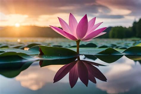 Premium AI Image | pink lotus flower in the lake at sunset