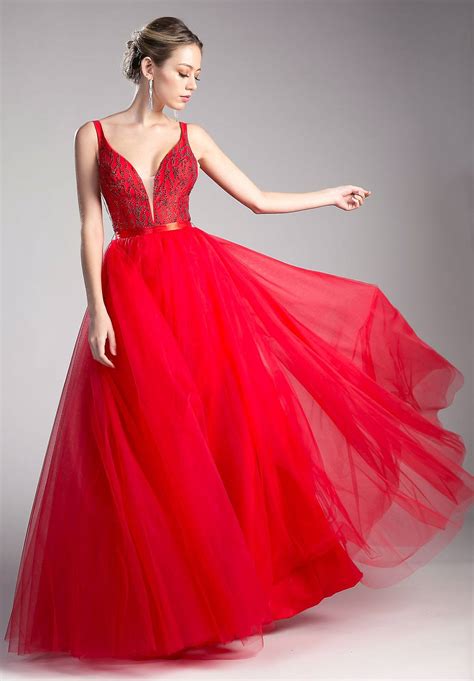 Cinderella Divine 62707L V-Back Beaded Red Ball Gown with Sheer Cut Out ...