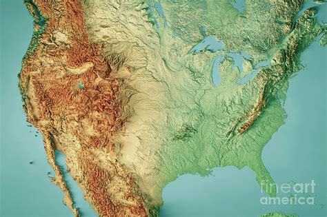 United States Topographic Map Horizontal 3D Render Color Digital Art by ...