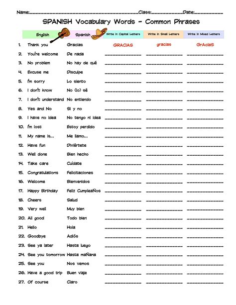 Spanish Common Phrases Vocabulary Word List Column Worksheet | Made By ...