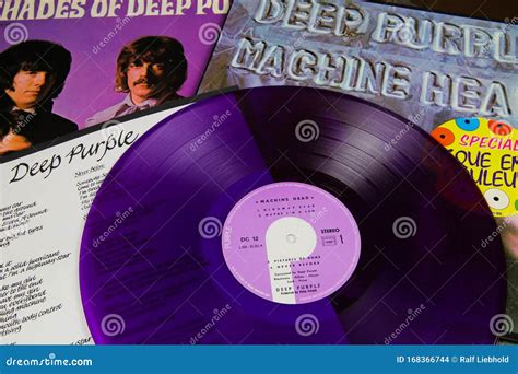 Close Up of Deep Purple Band Album Covers with Retro Purple Colored ...