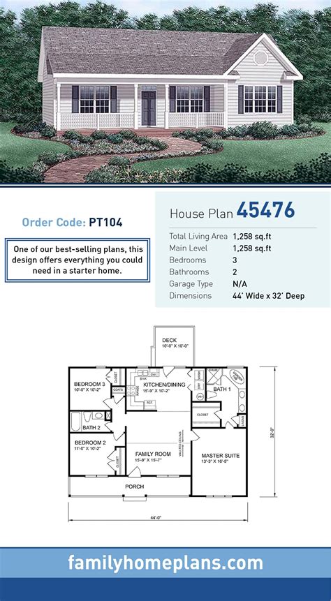 Starter Home Plan 45476 | Total Living Area: 1,258 SQ FT, 3 bedrooms ...