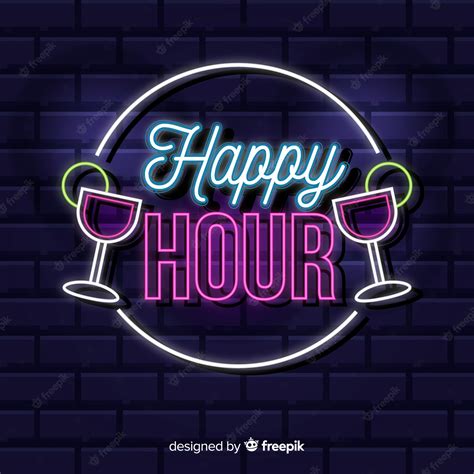 Free Vector | Happy hour neon sign with cocktails