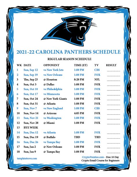 Printable 2021-2022 Carolina Panthers Schedule