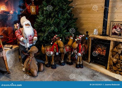 Christmas Santa Claus House Decoration with Reindeer Stock Image ...