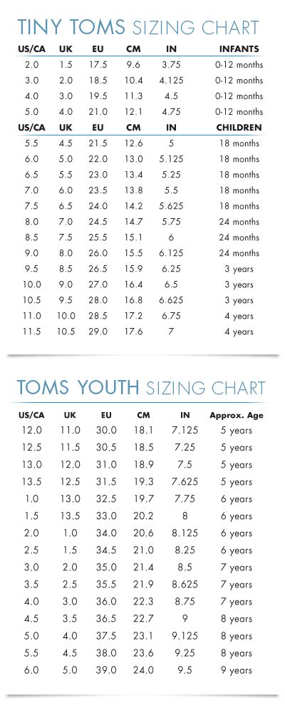 TOMS Kids Size Chart