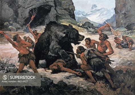 Cavemen Hunting a Bear 1937 F. Roubal Colored print - SuperStock