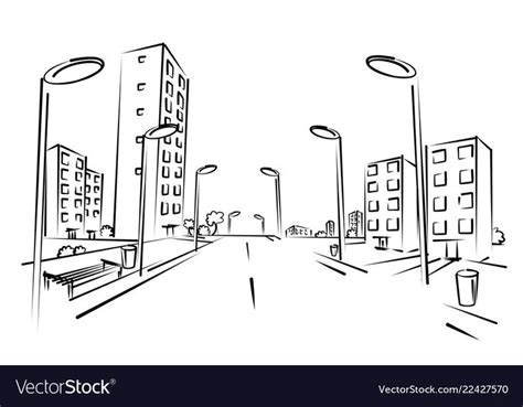 a line drawing of cityscape with buildings and street lights in the ...